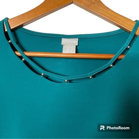 Chico's Green Round Neck Cut Out Beaded Pull Over Woman Blouse Size Chico's 1 M - Picture 3 of 4